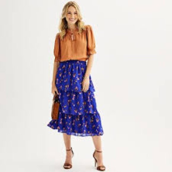 Drape James RSVP Floral Blue Ruffle Tiered Women's L Elastic Waist Lined Skirt - Picture 1 of 10